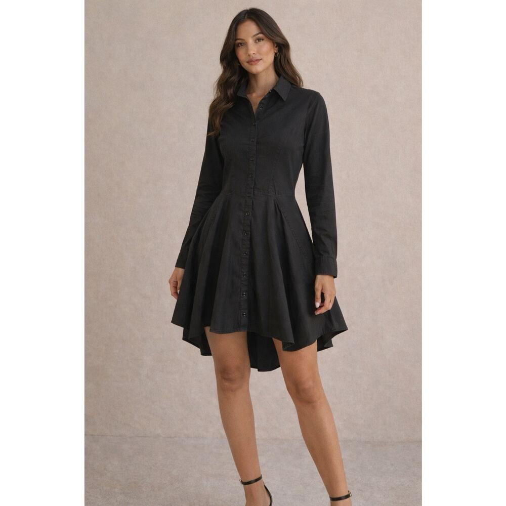 Absence of Colour Black Addie Dress Button Front Fit Flare Long Sleeve M/L